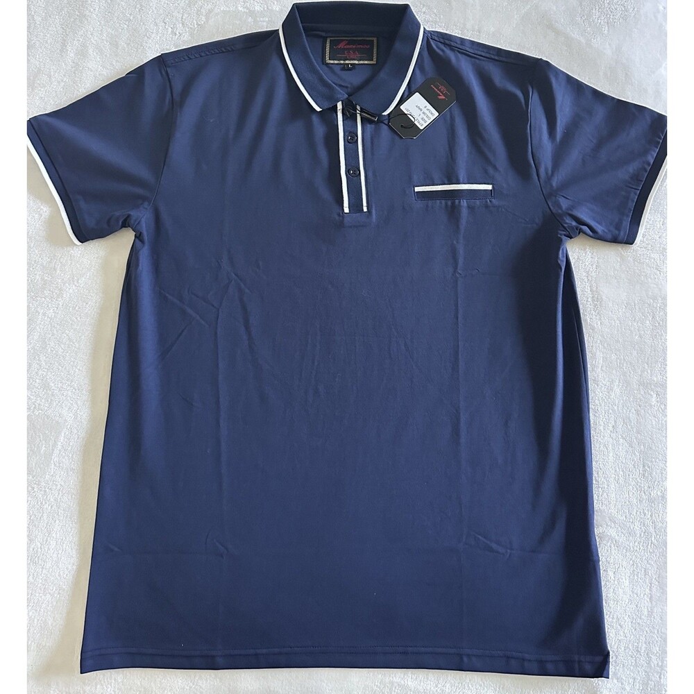 NEW Maximos USA Mens Polo Shirt Large Navy Blue White Striped Tipped Collar NWT